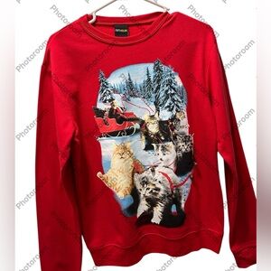 Christmas cats & jingle bells on a red sweatshirt, size Medium.